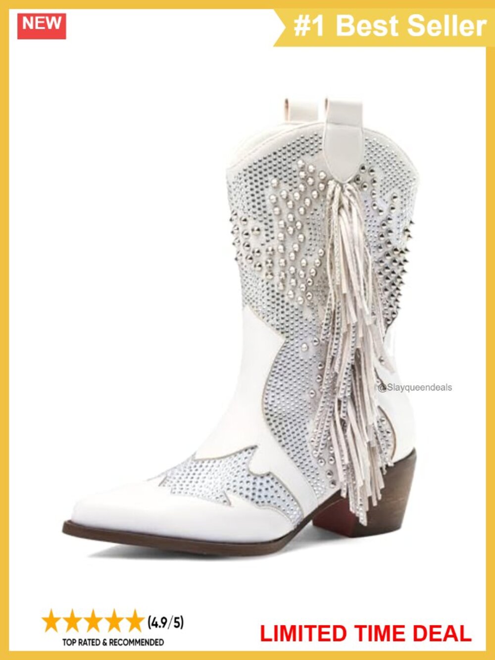 Rhinestone Cowboy Ankle Boots Pointed Toe Tassel Chunky Heel Slip-On Western